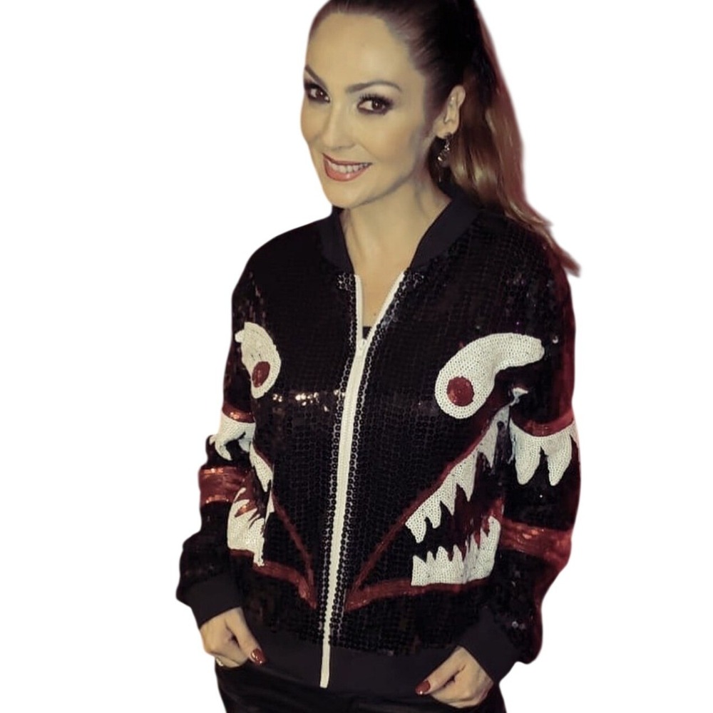 Shark Mouth Sequin Bomber Jacket Black Red White Full Zip Festival Streetwear